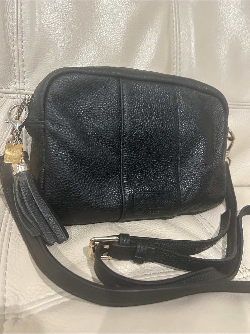 Pom Pom London City Plus Crossbody Bag Black with Gold Hardware & Tassel